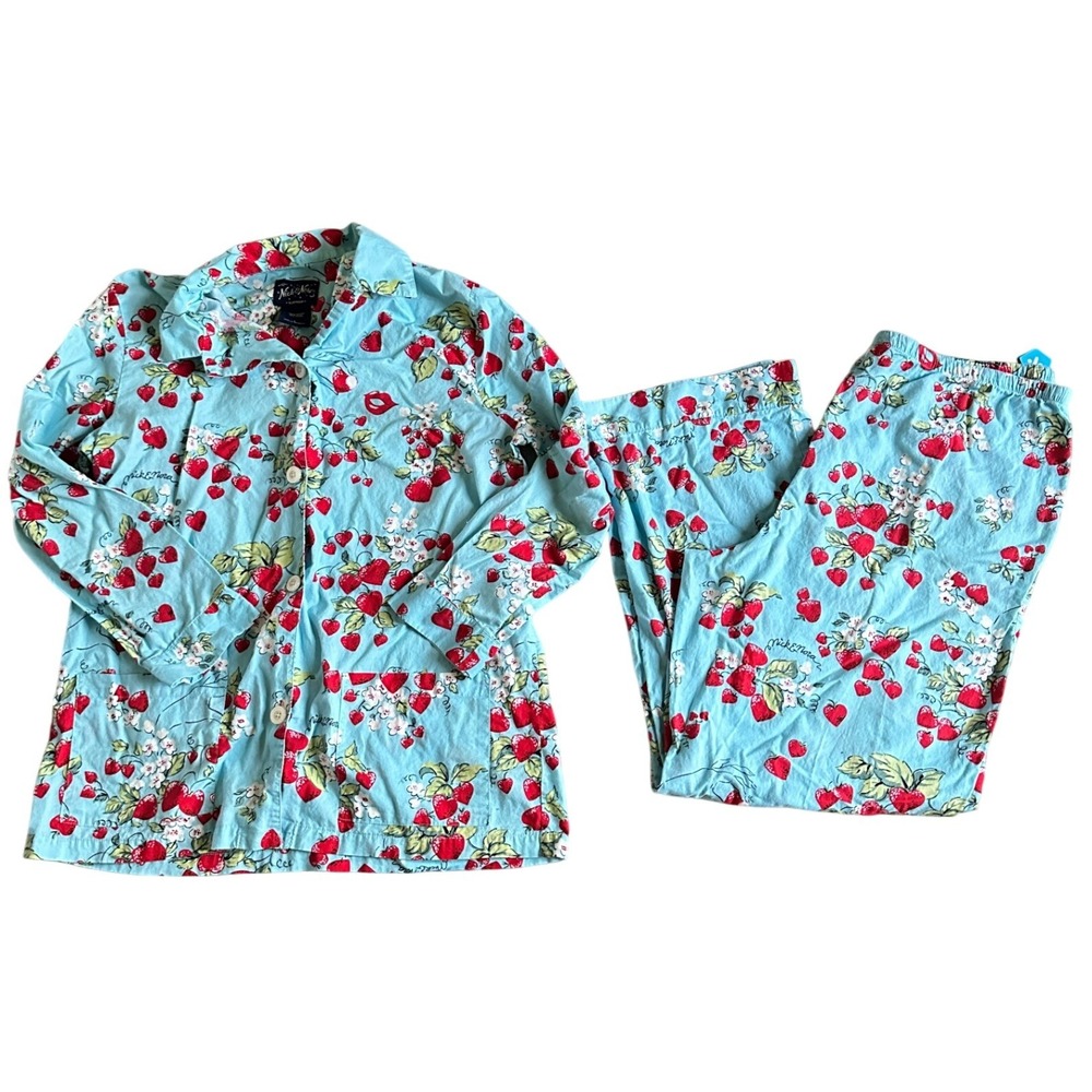 Nick & Nora Strawberry Kiss Pajama Set Womens L Cotton Cottagecore Whimsical
